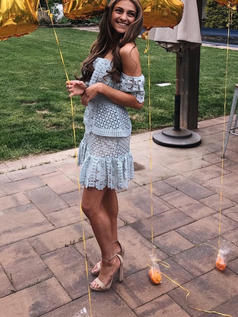 Crochet Tiered Lace Ruffle Dress - Light Blue